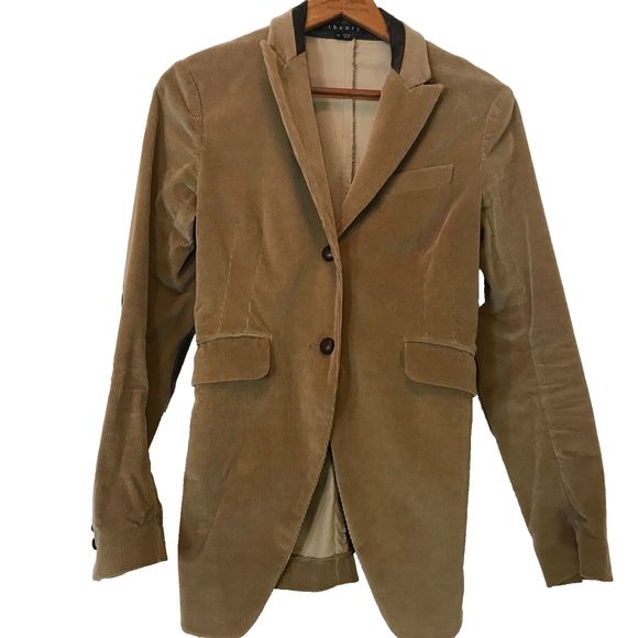 THEORY Equestrian Brown Jacket Blazer Lamb Leather Collar/Elbows Patches Sz 10